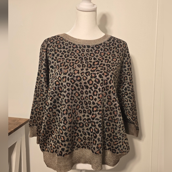 NWT Anthropologie Metallic Leopard Print 3/4 Sleeve Sweater Women's Size Medium - Picture 2 of 15